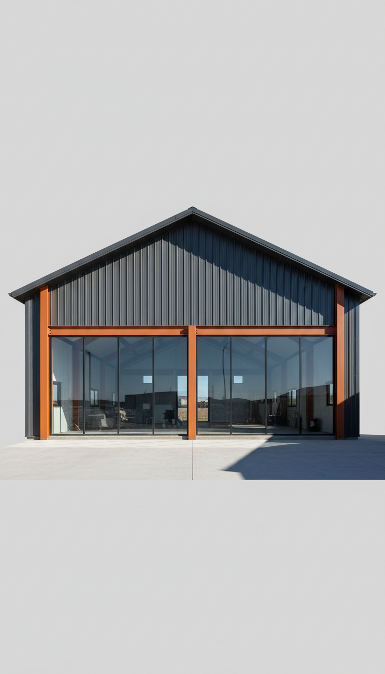 A large, modern barndominium constructed of dark gray vertical metal panels with precision-welded orange steel beams framing massive windows. Set on a flawless light concrete pad, the building’s texture contrasts sharply with the smoothness of the surroundings. Dramatic directional lighting from the right throws bold, geometric shadows, giving the main structure a sense of rugged solidity and strength. The background is a seamless pale gray, reinforcing a minimalist, uncluttered composition. Photographed straight-on at eye level for striking presence, the image embodies clean, bold photographic realism appropriate for a leading-edge construction company.