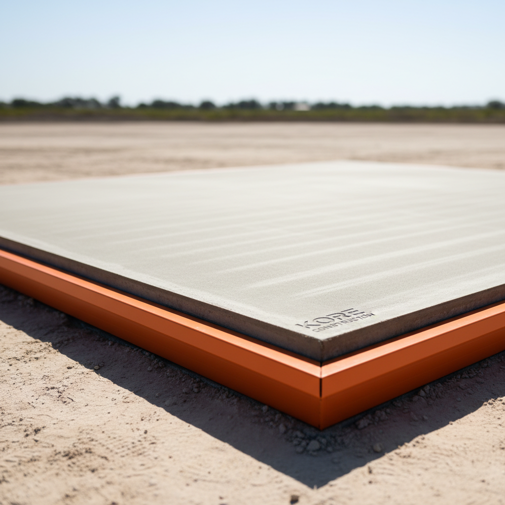 A rugged concrete slab in the initial stages of curing, surface subtly textured with broom patterns and bordered by crisp metal formwork painted in safety orange. Positioned in an open, cleared lot, the slab dominates the foreground under hard, top-down midday sunlight, generating strong, sharply defined shadows that reveal the slab’s thickness and perfect edges. The background is deliberately plain and unobtrusive, focusing the eye entirely on craftsmanship. Shot from a low, side angle, the composition emphasizes durability and attention to detail. The style is minimalist, bold, and photorealistic—exuding strength and precision central to the Kore Construction brand.