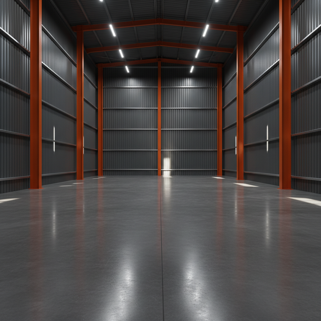 A heavy-duty agricultural workshop, built with corrugated steel walls in deep gunmetal gray and set atop a pristine, polished concrete floor. Orange steel support columns punctuate the interior scene, captured with sharp directional overhead lighting that casts distinct linear shadows across both walls and floor, dramatically accentuating space and structure. The environment is empty but immaculate, with faint vertical shadows enhancing a minimalist industrial feel. Photographed from a wide, slightly low-angle perspective to convey scale and possibility, the tone is boldly utilitarian. The image delivers photographic realism with a professional, unyielding aesthetic.